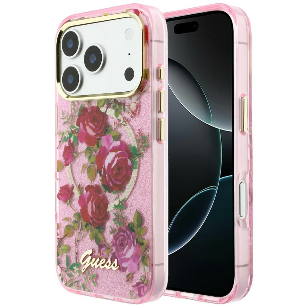 Coque MagSafe pour Apple iPhone 18 Pro / 17 Pro, Guess, IML Glitter Blossom Roses, Rose