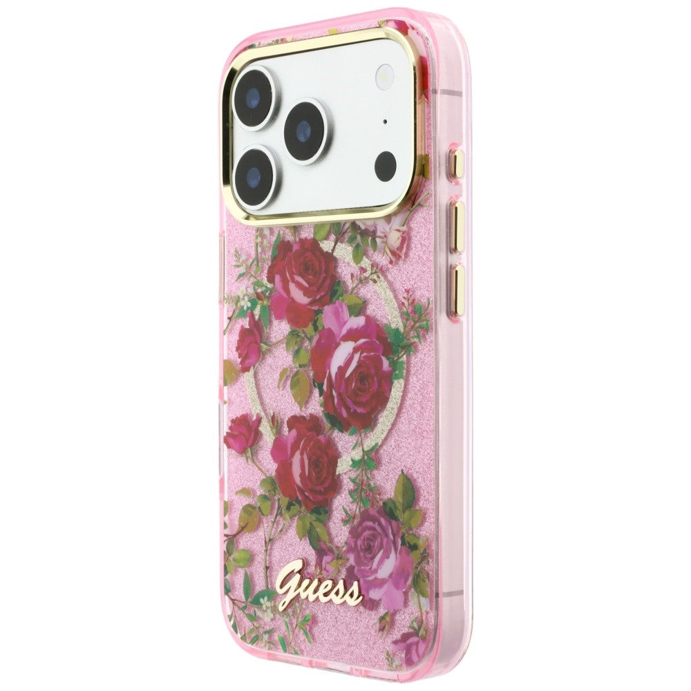 Coque MagSafe pour Apple iPhone 18 Pro / 17 Pro, Guess, IML Glitter Blossom Roses, Rose