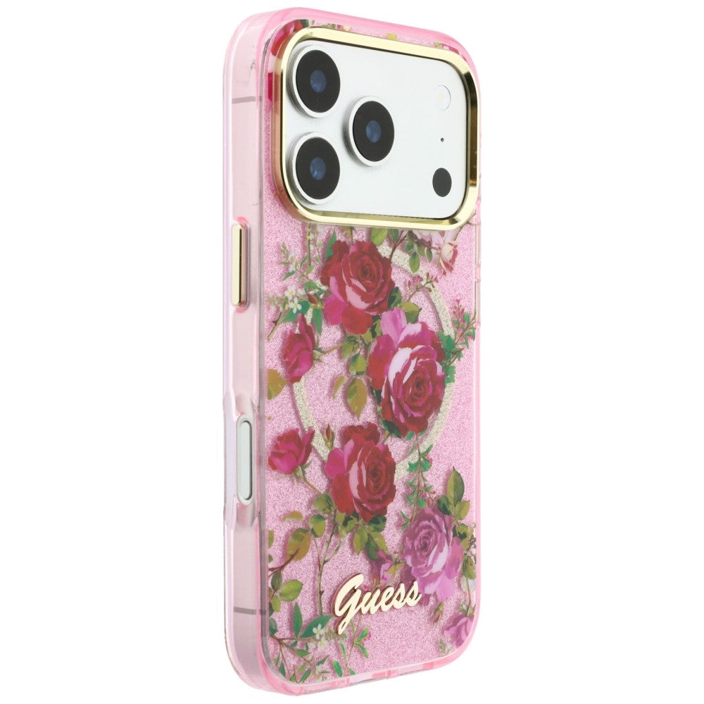 Coque MagSafe pour Apple iPhone 18 Pro / 17 Pro, Guess, IML Glitter Blossom Roses, Rose