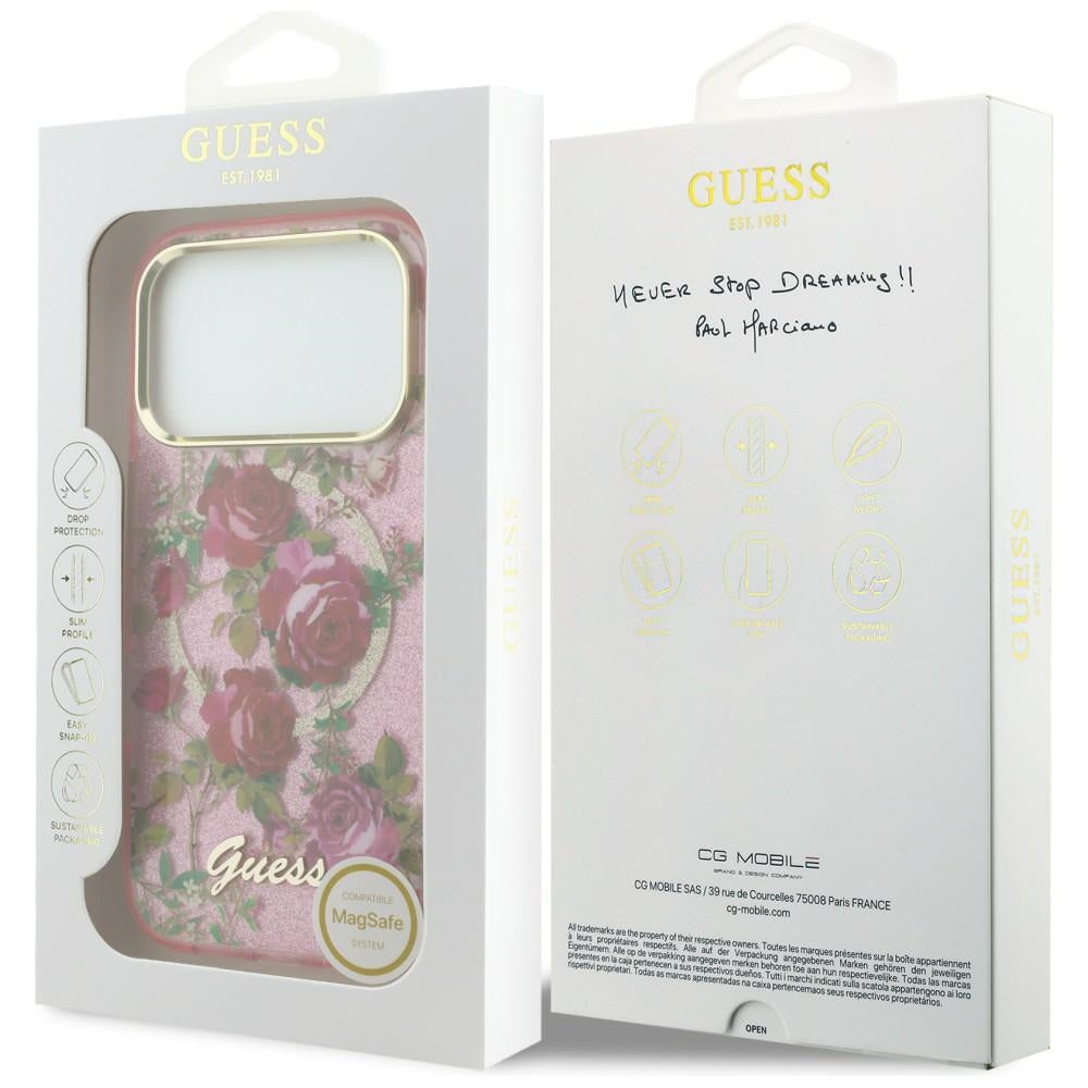 Coque MagSafe pour Apple iPhone 18 Pro / 17 Pro, Guess, IML Glitter Blossom Roses, Rose