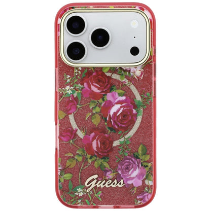 Coque MagSafe pour Apple iPhone 18 Pro / 17 Pro, Guess, IML Glitter Blossom Roses, Cerise