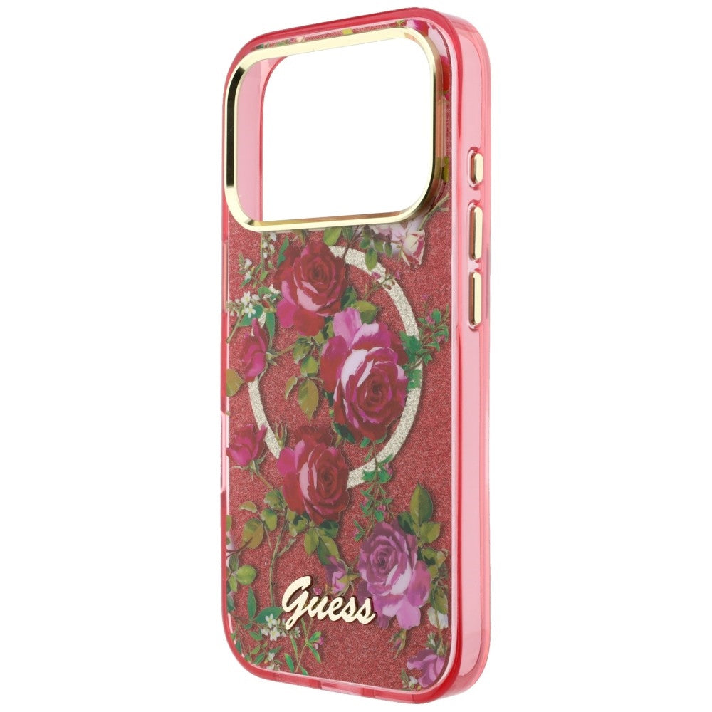 Coque MagSafe pour Apple iPhone 18 Pro / 17 Pro, Guess, IML Glitter Blossom Roses, Cerise