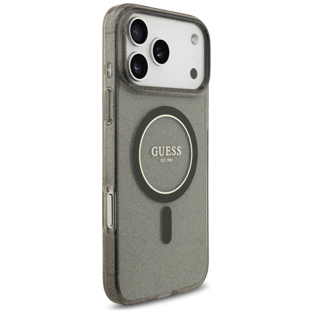 Coque MagSafe pour Apple iPhone 18 Pro / 17 Pro, Guess, IML Glitter with Pearl Strap, noire