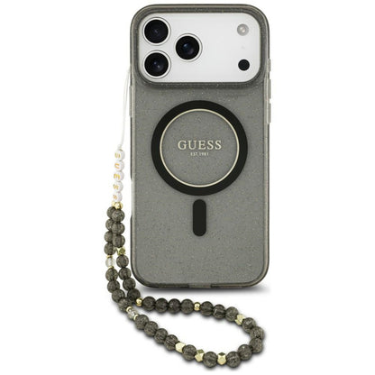 Coque MagSafe pour Apple iPhone 18 Pro / 17 Pro, Guess, IML Glitter with Pearl Strap, noire