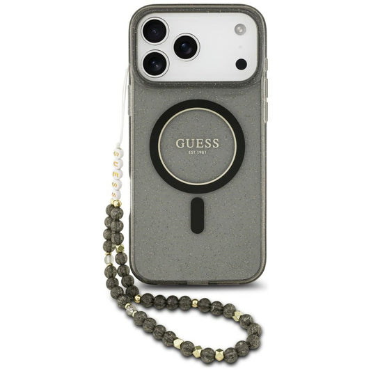 MagSafe Case for Apple iPhone 18 Pro / 17 Pro, Guess, IML Glitter with Pearl Strap, Black