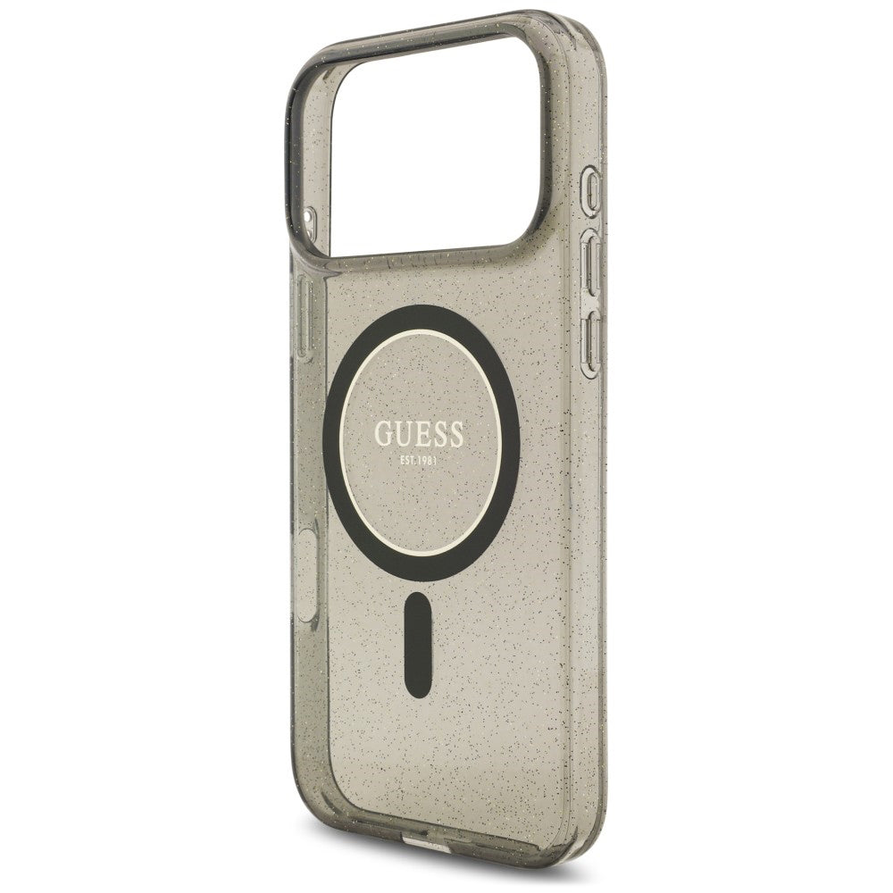 Coque MagSafe pour Apple iPhone 18 Pro / 17 Pro, Guess, IML Glitter with Pearl Strap, noire