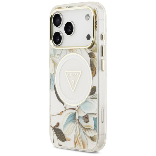 Coque MagSafe pour Apple iPhone 18 Pro / 17 Pro, Guess, IML Metal Glitter Flowers Triangle, Blanche