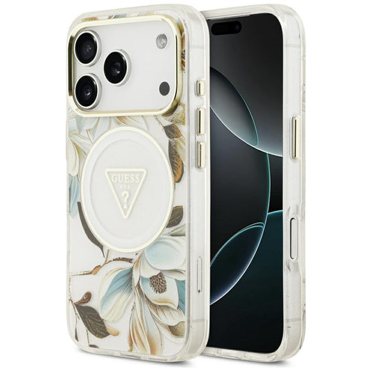 Coque MagSafe pour Apple iPhone 18 Pro / 17 Pro, Guess, IML Metal Glitter Flowers Triangle, Blanche