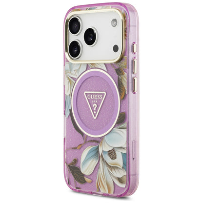 Coque MagSafe pour Apple iPhone 18 Pro / 17 Pro, Guess, IML Metal Glitter Flowers Triangle, Violet