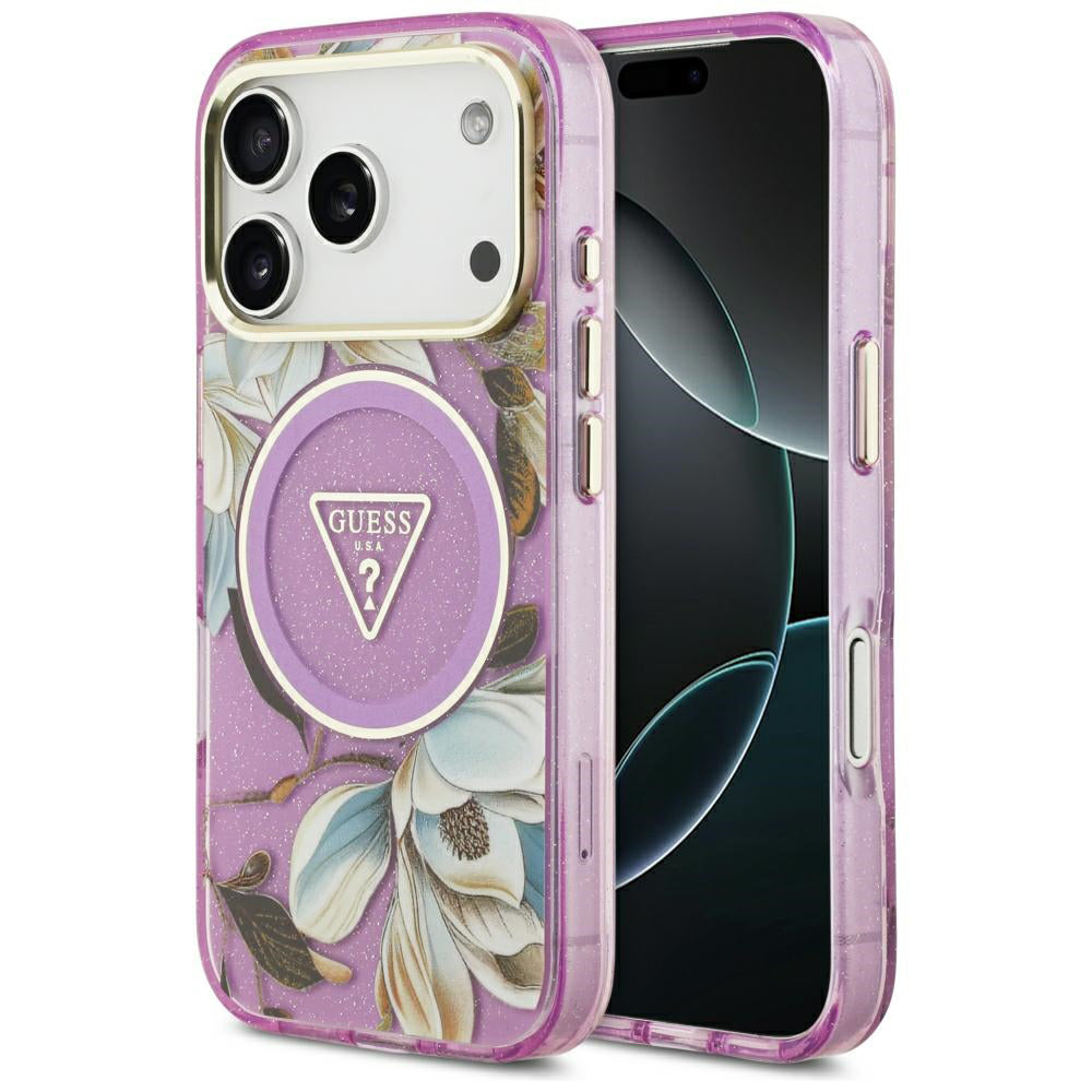 Coque MagSafe pour Apple iPhone 18 Pro / 17 Pro, Guess, IML Metal Glitter Flowers Triangle, Violet