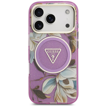 Coque MagSafe pour Apple iPhone 18 Pro / 17 Pro, Guess, IML Metal Glitter Flowers Triangle, Violet