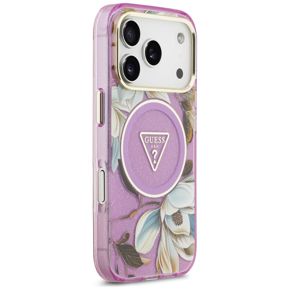 Coque MagSafe pour Apple iPhone 18 Pro / 17 Pro, Guess, IML Metal Glitter Flowers Triangle, Violet
