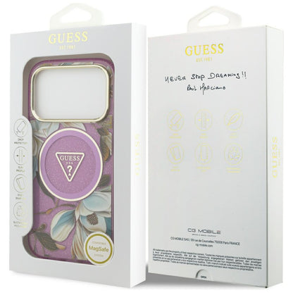 Coque MagSafe pour Apple iPhone 18 Pro / 17 Pro, Guess, IML Metal Glitter Flowers Triangle, Violet
