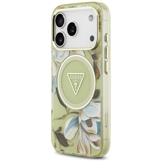 Coque MagSafe pour Apple iPhone 18 Pro / 17 Pro, Guess, IML Metal Glitter Flowers Triangle, Vert