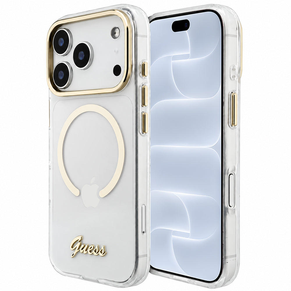 Coque MagSafe pour Apple iPhone 18 Pro / 17 Pro, Guess, IML Script Metal, transparente