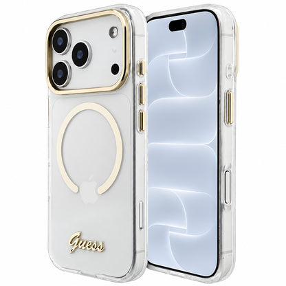 Coque MagSafe pour Apple iPhone 18 Pro / 17 Pro, Guess, IML Script Metal, transparente