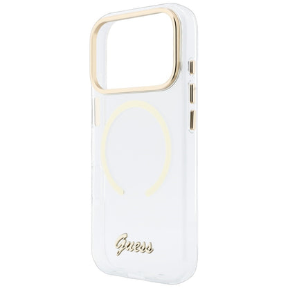 Coque MagSafe pour Apple iPhone 18 Pro / 17 Pro, Guess, IML Script Metal, transparente