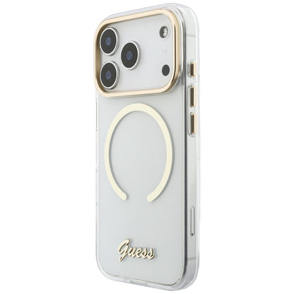 Coque MagSafe pour Apple iPhone 18 Pro / 17 Pro, Guess, IML Script Metal, transparente