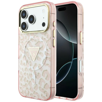 Coque MagSafe pour Apple iPhone 18 Pro / 17 Pro, Guess, Logo Triangle Paillettes Léopard, Rose