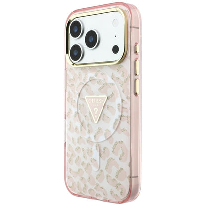 Coque MagSafe pour Apple iPhone 18 Pro / 17 Pro, Guess, Logo Triangle Paillettes Léopard, Rose