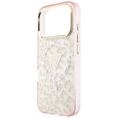 Coque MagSafe pour Apple iPhone 18 Pro / 17 Pro, Guess, Logo Triangle Paillettes Léopard, Rose