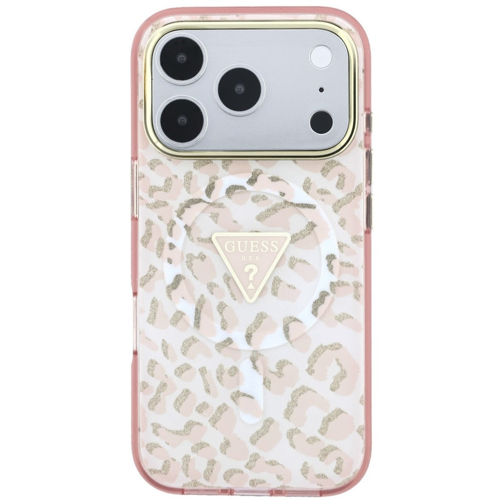Coque MagSafe pour Apple iPhone 18 Pro / 17 Pro, Guess, Logo Triangle Paillettes Léopard, Rose