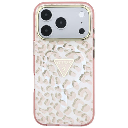 Coque MagSafe pour Apple iPhone 18 Pro / 17 Pro, Guess, Logo Triangle Paillettes Léopard, Rose