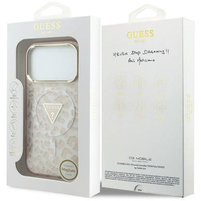 Coque MagSafe pour Apple iPhone 18 Pro / 17 Pro, Guess, Logo Triangle Paillettes Léopard, Rose