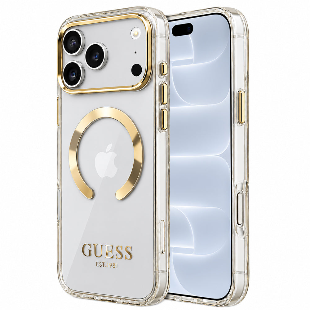 Coque MagSafe pour Apple iPhone 18 Pro / 17 Pro, Guess, Contour Métallique, Dorée