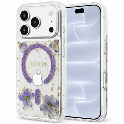 Coque MagSafe pour Apple iPhone 18 Pro / 17 Pro, Guess, Fleurs en Résine et Paillettes, Violet