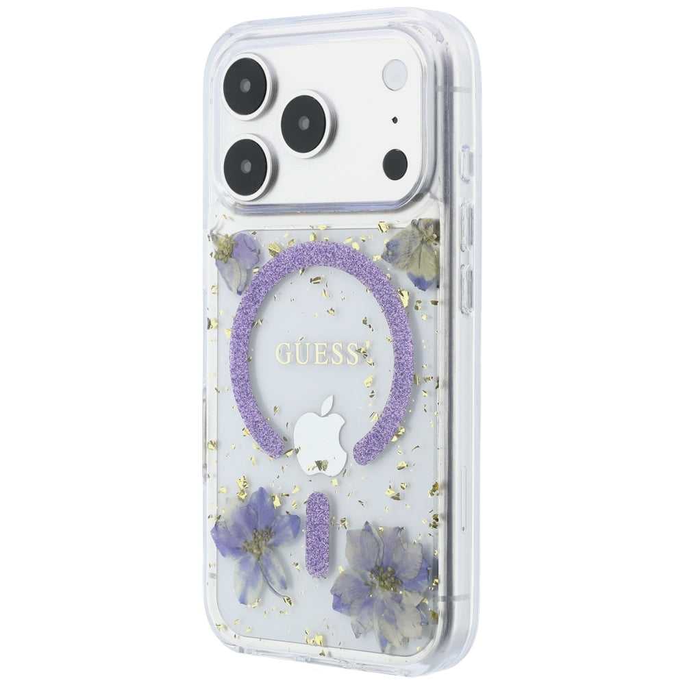 Coque MagSafe pour Apple iPhone 18 Pro / 17 Pro, Guess, Fleurs en Résine et Paillettes, Violet