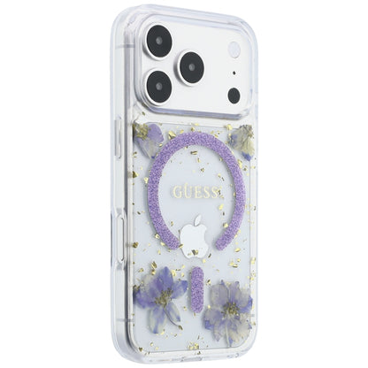 Coque MagSafe pour Apple iPhone 18 Pro / 17 Pro, Guess, Fleurs en Résine et Paillettes, Violet