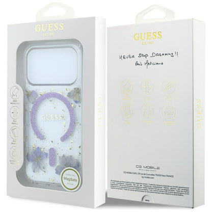 Coque MagSafe pour Apple iPhone 18 Pro / 17 Pro, Guess, Fleurs en Résine et Paillettes, Violet