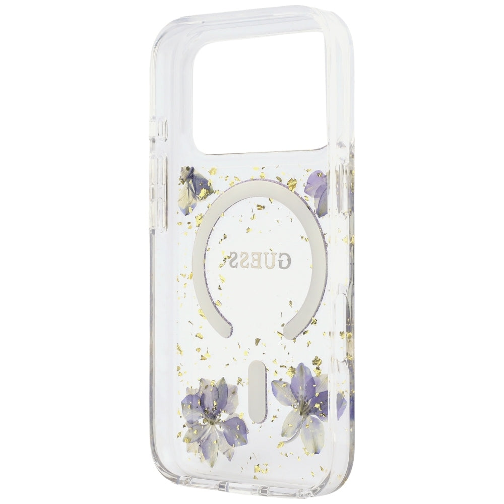Coque MagSafe pour Apple iPhone 18 Pro / 17 Pro, Guess, Fleurs en Résine et Paillettes, Violet