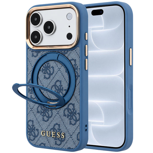 Coque MagSafe pour Apple iPhone 18 Pro / 17 Pro, Guess, Support Anneau 360 4G Logo Classique, Bleue