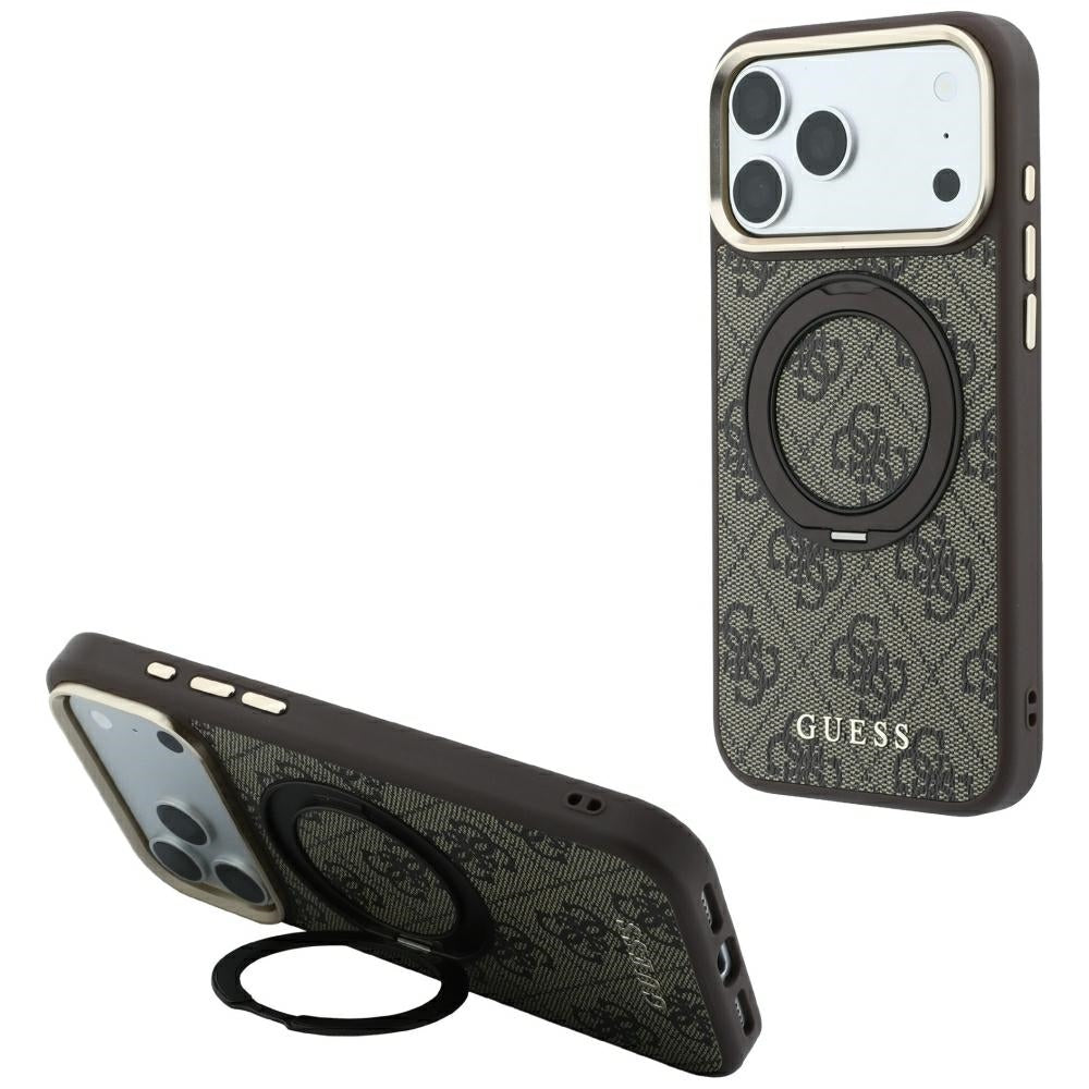 Coque MagSafe pour Apple iPhone 18 Pro / 17 Pro, Guess, Support Anneau 360 4G Logo Classique, Marron