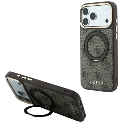 Coque MagSafe pour Apple iPhone 18 Pro / 17 Pro, Guess, Support Anneau 360 4G Logo Classique, Marron