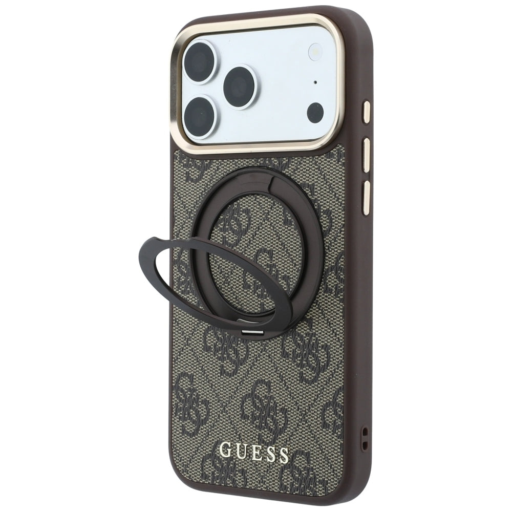 Coque MagSafe pour Apple iPhone 18 Pro / 17 Pro, Guess, Support Anneau 360 4G Logo Classique, Marron