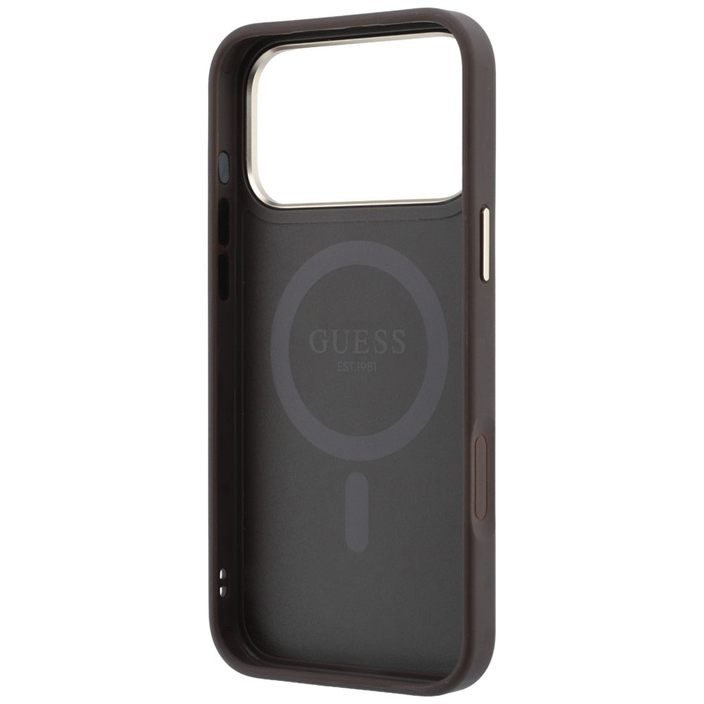 Coque MagSafe pour Apple iPhone 18 Pro / 17 Pro, Guess, Support Anneau 360 4G Logo Classique, Marron