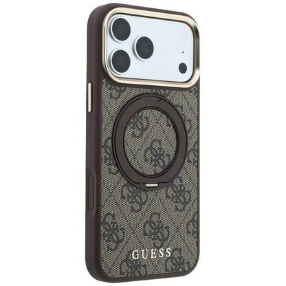 Coque MagSafe pour Apple iPhone 18 Pro / 17 Pro, Guess, Support Anneau 360 4G Logo Classique, Marron