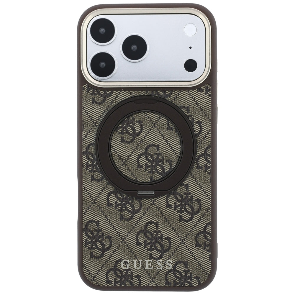 Coque MagSafe pour Apple iPhone 18 Pro / 17 Pro, Guess, Support Anneau 360 4G Logo Classique, Marron