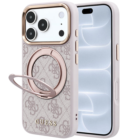 Coque MagSafe pour Apple iPhone 18 Pro / 17 Pro, Guess, Support Anneau 360 4G Logo Classique, Rose