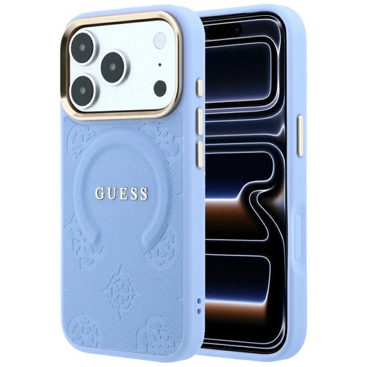 Coque MagSafe pour Apple iPhone 18 Pro / 17 Pro, Guess, Saffiano Peony Ring, Bleu