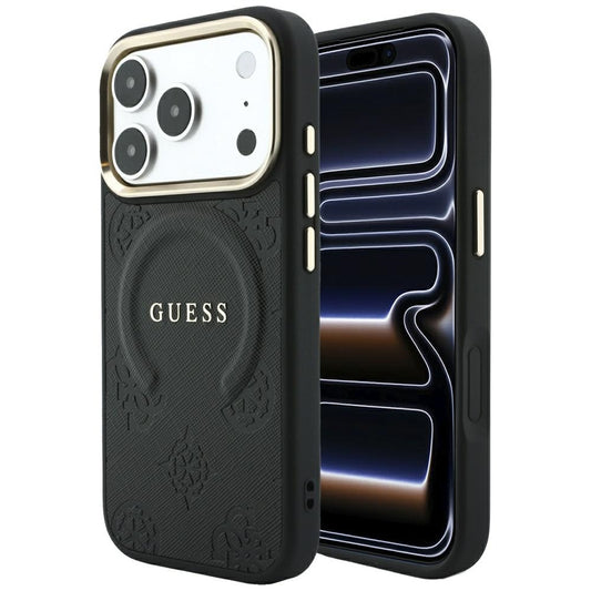 Coque MagSafe pour Apple iPhone 18 Pro / 17 Pro, Guess, Saffiano Peony Ring, Noire