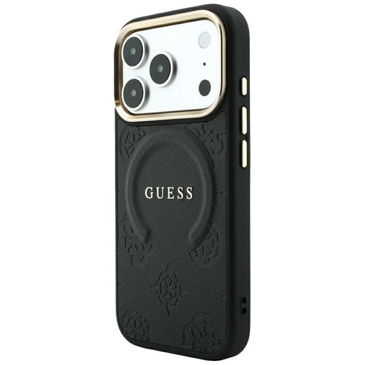 Coque MagSafe pour Apple iPhone 18 Pro / 17 Pro, Guess, Saffiano Peony Ring, Noire