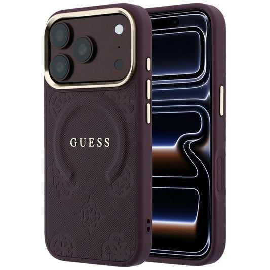 Coque MagSafe pour Apple iPhone 18 Pro / 17 Pro, Guess, Saffiano Peony Ring, Bordeaux
