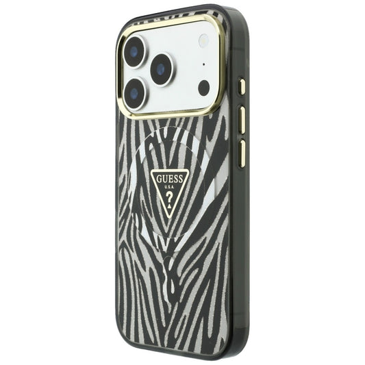 MagSafe Case for Apple iPhone 18 Pro / 17 Pro, Guess, Zebra Glitter Triangle Logo, Silver
