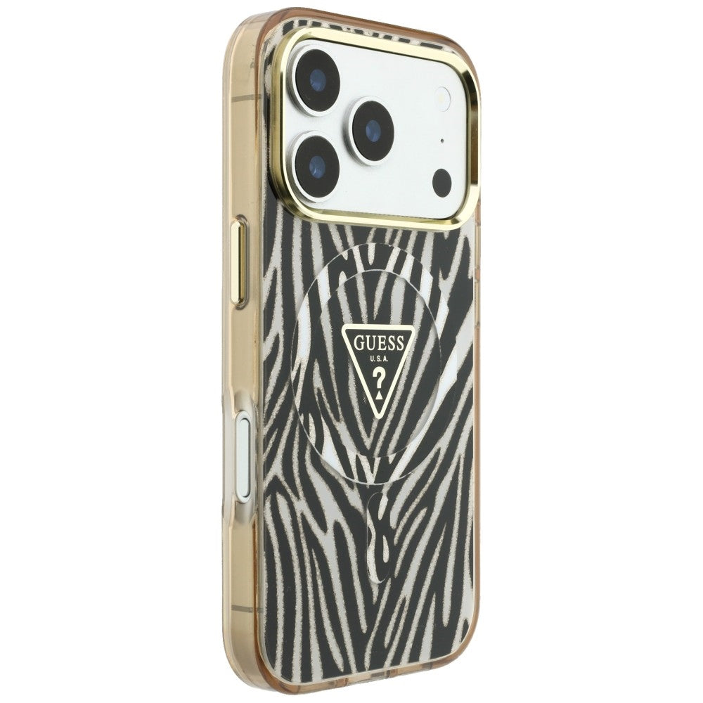 MagSafe Case for Apple iPhone 18 Pro / 17 Pro, Guess, Zebra Glitter Triangle Logo, Gold