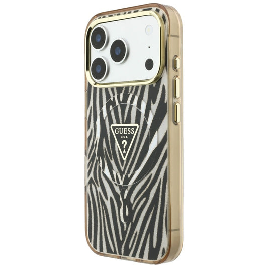 Coque MagSafe pour Apple iPhone 18 Pro / 17 Pro, Guess, Logo Triangle Paillettes Zèbre, Dorée