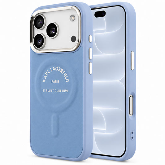 Coque MagSafe pour Apple iPhone 18 Pro / 17 Pro, Karl Lagerfeld, logo RSG en relief avec anneau ouvert, bleue